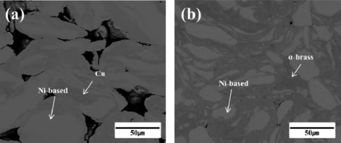 Fig. 2. SEM backscattered electron image obtained from the SPS specimen (a) Metallic Glass Matrix Composites containing 40 vol.% Cu (b) Metallic Glass Matrix Composites containing 40 vol.%