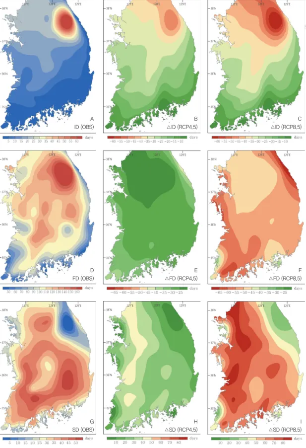 Figure 5. Spatial distribution of changes in extreme indices. (A, D, G, J, M, P) present from observations (1971-2000); (B, E,  H, K, N, Q) changes for 2070-2099 relative to 1971-2000 for the RCP4.5 scenario; (C, F, I, L, O, R) changes for 2070-2099  relat