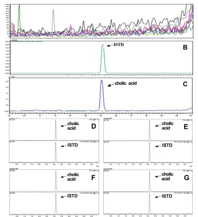 Fig. 2. LC-MS/MS MRM chromatogram of cholic acid on plasma matrix; blank (TIC) (A), internal standard in blank (TIC) (B), standard (TIC) (C), normal woman (D), normal man (E), asthma woman (F) and asthma man (G).