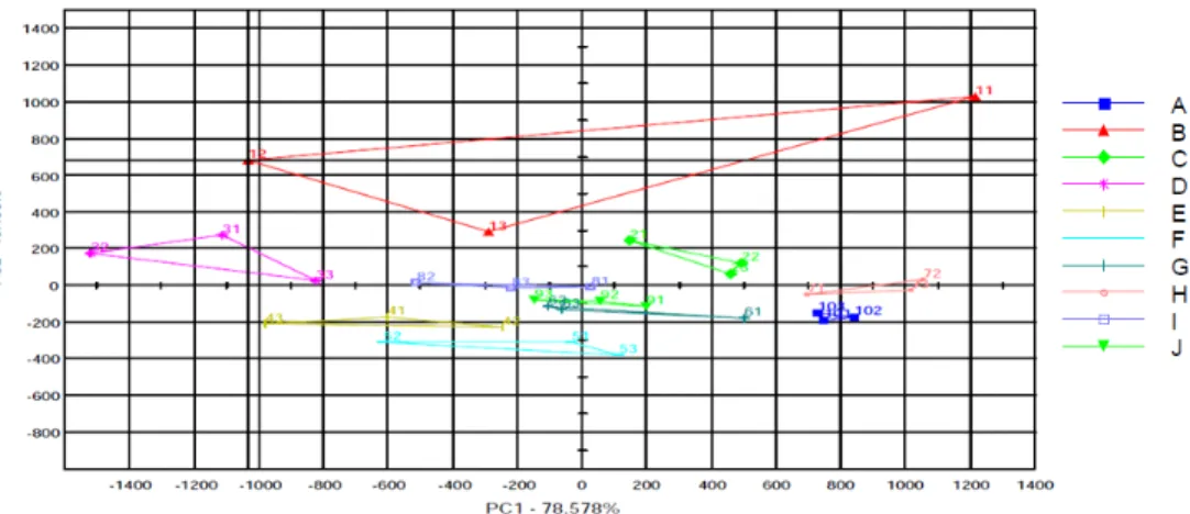 Fig.  3.  Principle  component  analysis(PCA)  plot  from  the  electronic  tongue  on  red  ginseng                    and  red  ginseng  processed  with  α,  β,  γ-cyclodextrine.