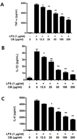 Fig. 4. Effect of CB on the activation of NF-κB p65 protein in RAW 264.7 cells. Cells were treated with LPS and CB and then cell lysate was collected by chilled cell lysis buffer and used for measurement of phosphorylated NF-κB p65 protein by ELISA method