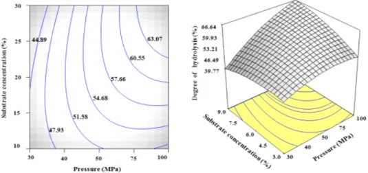 Fig.  3.  Contour  plot  (left)  and  3D  surface  on  the  response.  Effect  of  enzyme  reaction  time  and viscera meat amount on the hydrolysis of by-product viscera of Yeonsan Ogae
