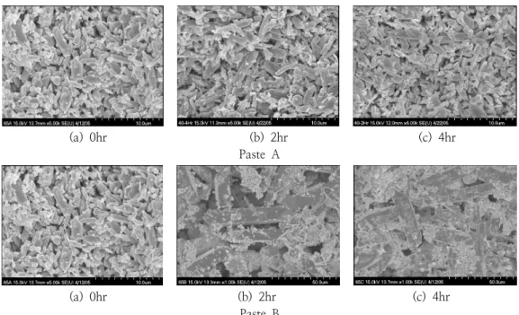 Fig.  2.  SEM  images  of  the  positive  active  materials  during  different  curing  processes  in  the  paste  mixing  at  60℃:  paste  A  (40℃  curing),  paste  B  (90℃  curing).