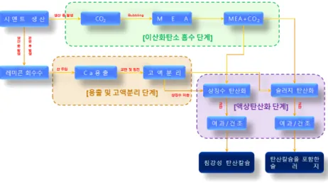 Fig.  2.  Preparation  process  of  liquid  carbonation.    기존  Lab  scale  실험[7,8]에서  도출한  결과를 통해  레미콘회수수에서  Ca2+를  용출하기  위한 용출  전구물질은  질산(60%  HNO3, 대정화금)을 사용하였으며,  최적화를  위해  용출  pH  농도에  따른  영향을  확인하였다