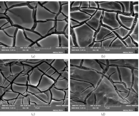 Fig.  9.  SEM  with  different  IrO 2   and  TaO 5   components  :  (a)  100%  IrO 2  (b)  90%  IrO 2 +  10%  TaO 5   /  Ti    (c)  70%  IrO 2   +  30%  TaO 5   /  Ti  (d)  50%  IrO 2  +  50%  TaO 5   /  Ti 3.2