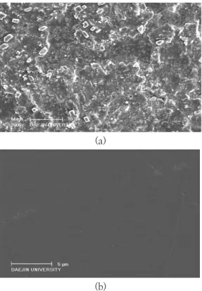 Fig.  5.  Ceramic  coating  on  304  stainless  steel  by  SEM.  on  (a)  ceramic  coatings  non-added  nano  Al 2 O 3   and  MgO,  (b)  ceramic  coatings  added  nano  Al 2 O 3