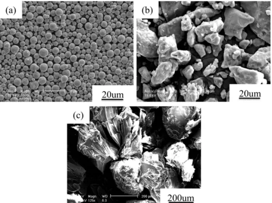 Fig. 1. FE-SEM micrographs of the starting materials of (a) nickel, (b) sulfur and (c) stearic acid.