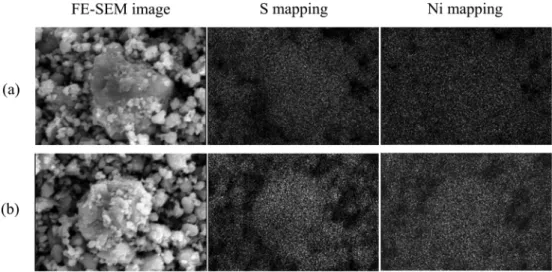 Fig. 8. FE-SEM and EDS mapping results of mechanical alloyed NiS 2  powders: (a) after dry ball milling, (b) after wet ball milling.