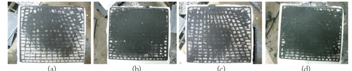 Fig.  4.  The  results  of  tear  down  analysis  for  positive  plates  after  formation.;  (a)  low  temperature  curing  and  3  step  formation,  (b)  low  temperature  curing  and  9  step  formation,  (c)  high  temperature  curing  and  3  step  for
