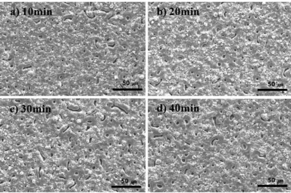 Fig. 5. SEM surface images of Ti samples MAOed versus treatment time; (a) 10 min, (b) 20 min, (c) 30 min and (d) 40 min by 440V in electrolyte (Na 3 PO 4 (10 g)/L).