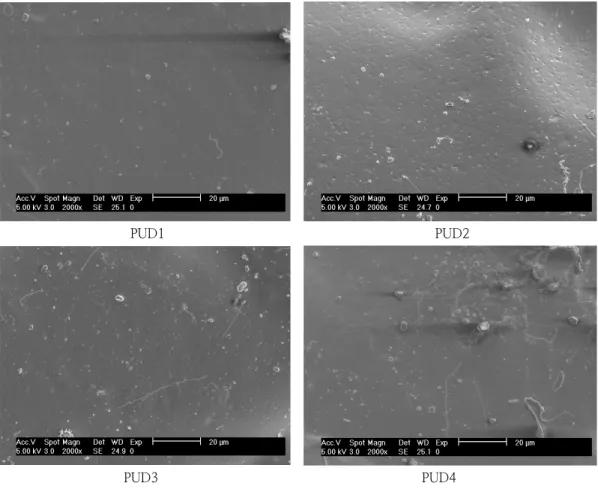 Fig.  3.  The  SEM  image  of  solvent  resistance  result  in  leather  surface  coated  by  PUD1,  PUD2,  PUD3  and  PUD4.