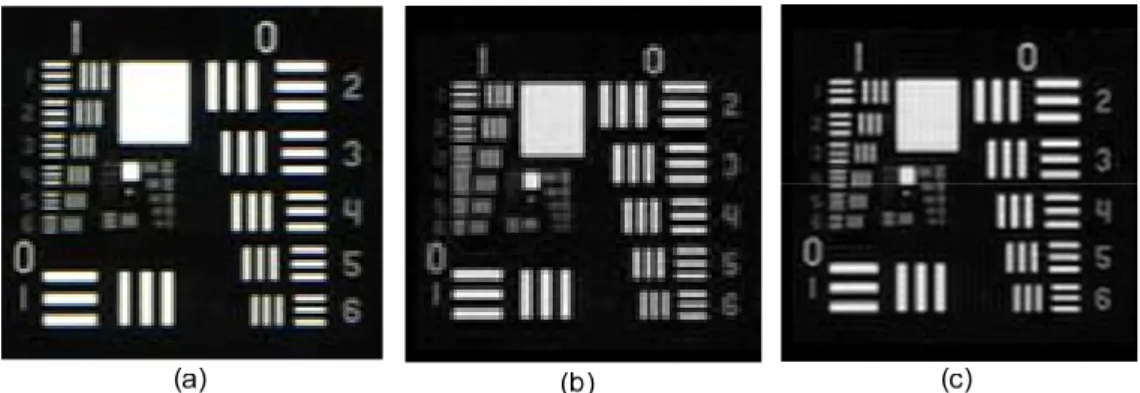 Fig. 2. Multi-illumination digital holographic microscopy simulation result: (a) – Original resolution test target, (b) –  single reconstruction, (c) – nine-hologram combined reconstruction   