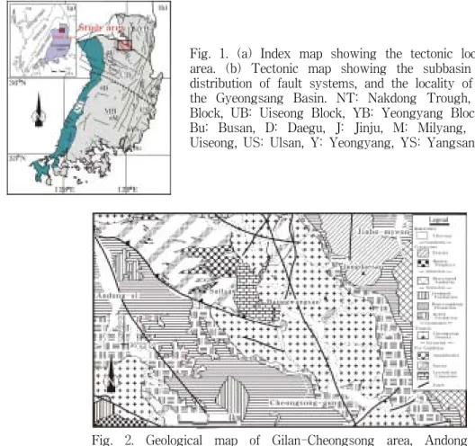 Fig.  1.  (a)  Index  map  showing  the  tectonic  locality  of  study  area.  (b)  Tectonic  map  showing  the  subbasin  divisions,  the  distribution  of  fault  systems,  and  the  locality  of  study  area  in  the  Gyeongsang  Basin