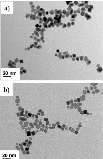 Fig. 5. TEM images of synthesized platinum particles adding AgNO 3  for 30 min pre-heating time and 10 min post-heating time with different synthesis temperatures; (a) 160 o C and (b) 180 o C.