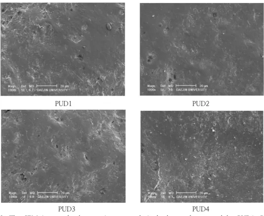 Fig.  3.  The  SEM  image  of  solvent  resistance  result  in  leather  surface  coated  by  PUD1,  PUD2,  PUD3  and  PUD4.