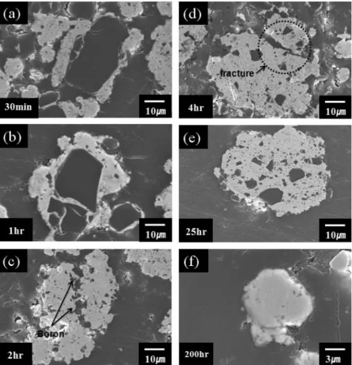 Fig. 3. Cross-section FE-SEM micrographs of Ni-12 wt.%B powder produced by mechanical alloying with different milling times (x1500)
