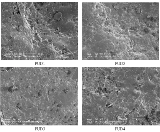 Fig.  6.  The  SEM  image  of  abrasion  property  result  in  leather  surface  coated  by                                    PUD1,  PUD2,  PUD3  and  PUD4.