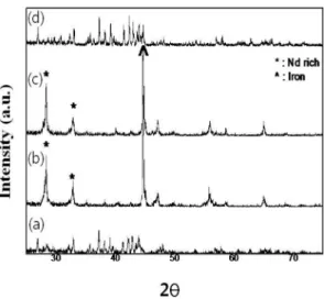 Fig. 8. Fracture surface of powders made by (a) solid- solid-HDDR and (b) modified solid-solid-HDDR.