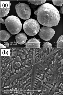 Fig. 1. SEM images of rapidly solidified Mg-Zn 1 Y 2  alloy powders; (a) morphology and (b) microstructure.