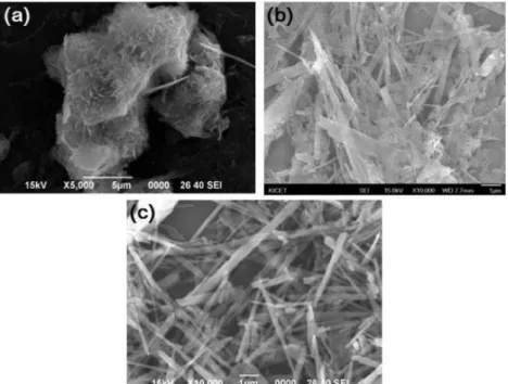 Fig. 4. SEM images of the as-prepared products synthesized at different reaction time: (a) 2 hour, (b) 4 hour, and (c) 8 hour.