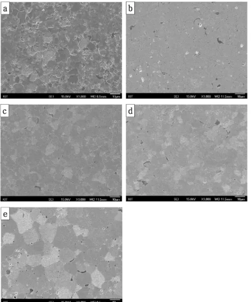 Fig. 2. SEM microstructures of sintered STS430 (a) before heat treatment and after treatment at (b) 800 o C, (c) 900 o C, (d) 1000 o C, and (e) 1100 o C.