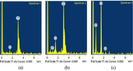Fig. 12. (a), (b), (c) EDS analysis data for the area indicated in Fig. 11.