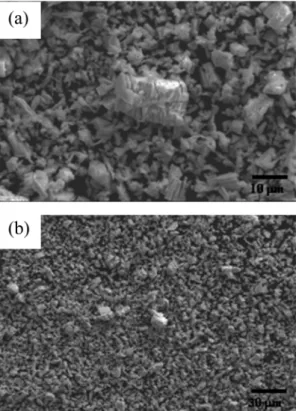 Fig. 1. SEM images of Dy 2 O 3  powder observed at (a) high magnification and (b) low magnification.