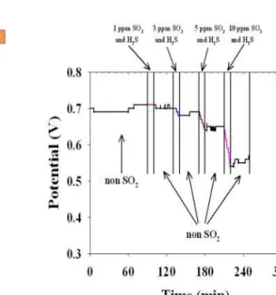 Fig. 3. Cell performance decrease of the PEMFC during exposure to SO 2 , H 2 S at 65 ℃(current density : 0.6 A/cm 2 ).