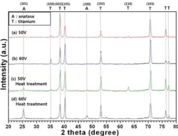 Fig. 5. XRD patterns of TiO 2  nanotube arrays by anodic oxidation for 5 hours at 30 o C; (a) and (b) are  as-fabri-cated, and (c) and (b) are after heat treatment for 4 hours at 450 o C.