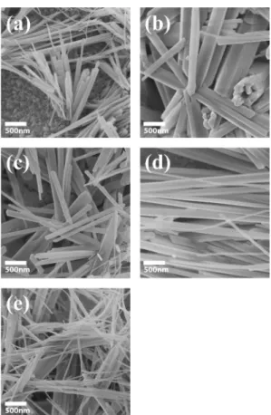 Fig. 1. FE-SEM images of products formed after a hydro- hydro-thermal reaction of Y with different volume% of solutions : (a) 10%, (b) 20%, (c) 40%, (d) 60%, and (e) 80%.