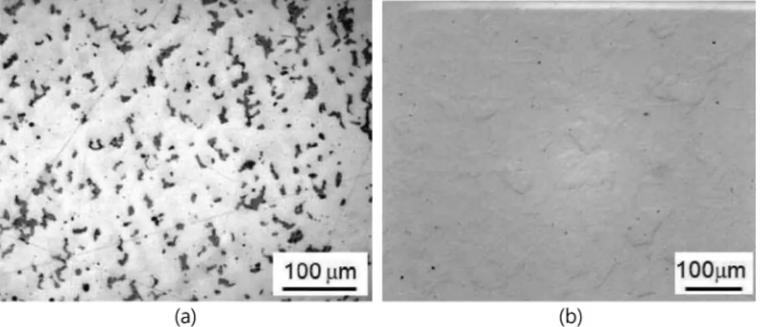 Fig. 2. Microstructure of Cu-10Sn alloys: (a) direct-chill casting and (b) spray casting