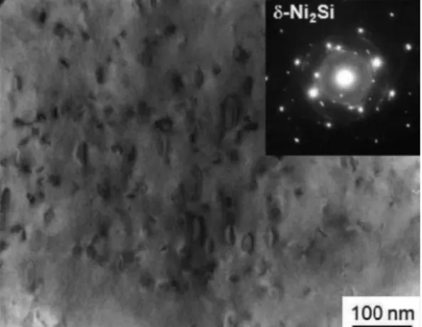 Fig. 4. TEM image and diffraction pattern of peak-aged Cu-10Sn-2Ni-0.2Si alloy.
