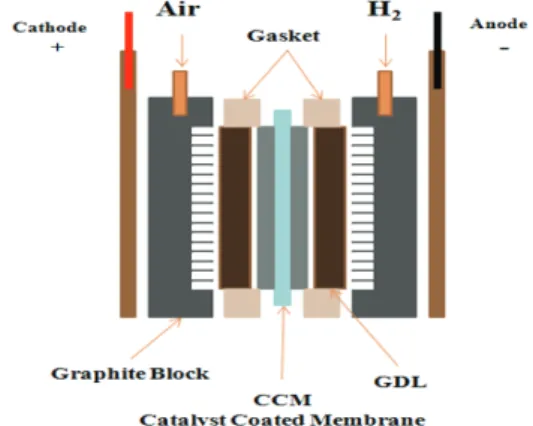 Fig.  1.  Schematic  cross-section  of  a  PEM  single  cell.     황화수소  피독을  위해  연료극에  기기  외부의  황화수소  전용  MFC를  통하여  100  ppm으로  희 석된  H 2 S/H 2   실린더를  연결하여  농도를  조절하 였다