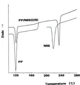 Fig.  2.  DSC  cooling  thermograms  of  pure  PP,  pure  N66  and  the  noncompatibilized  PP/N66(2/8)  blend.