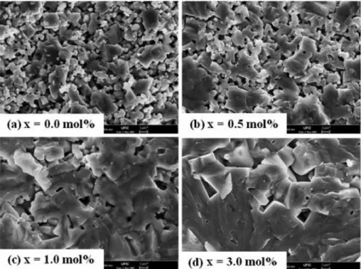 Fig. 1 shows the surface FE-SEM micrographs of KNN ceramics added with MnO 2  in the range of 0~3 mol%