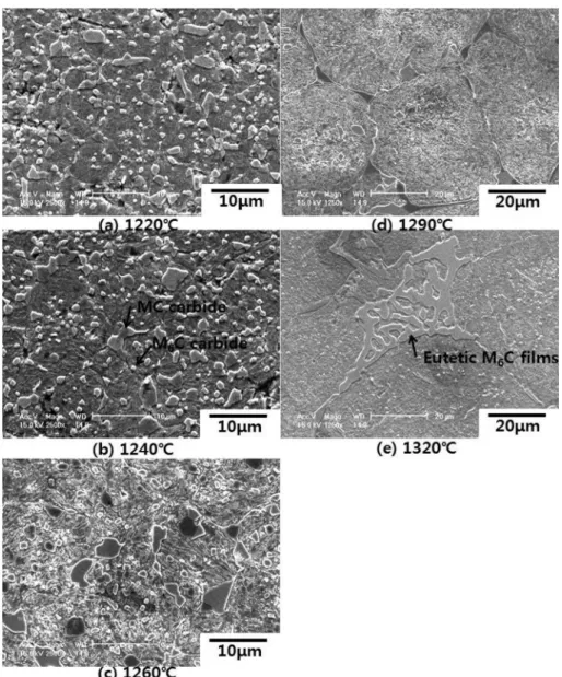 Fig. 9. SEM images of microstructures sintered at vacuum; (a) 1220 o C, (b) 1240 o C, (c) 1260 o C, (d) 1290 o C and (e) 1320 o C