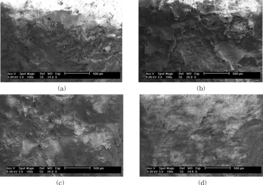 Fig.  8.  Abrasion  phenomena  of  acrylic  resin  and  acrylic-polyurethane  resins  coatings  in  leather  surface  by  SEM