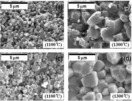 Fig. 5. FE-SEM micrographs of the fracture surface for Al 2 O 3 /Fe-Ni (a-b) and Al 2 O 3  monolith (c-d) fabricated by high fre- fre-quency induction heating method with a heating rate of 2000 o C/min.