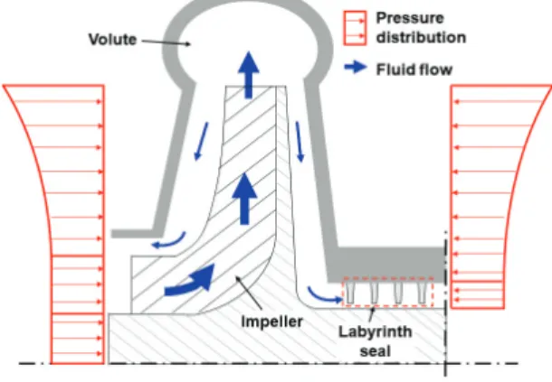 Fig. 1 Schematic view of flow direction and pressure  distributions for impeller combined with labyrinth 