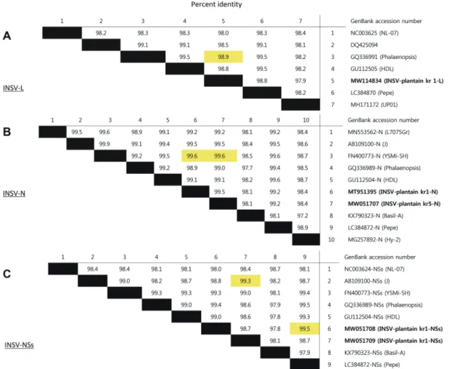 Fig. 4 . Comparisons of the sequence identity of INSV-plantain kr1 and -kr5 isolates with other INSV isolates available in GenBank, based on a 