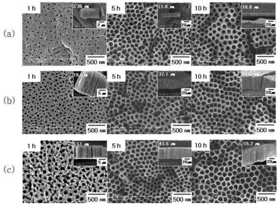 Fig. 3. FE-SEM images of TiO 2  nanotube arrays grown at 60V with various electrolytes temperature; (a) 10 o C, (b) 20 o C and (c) 30 o C