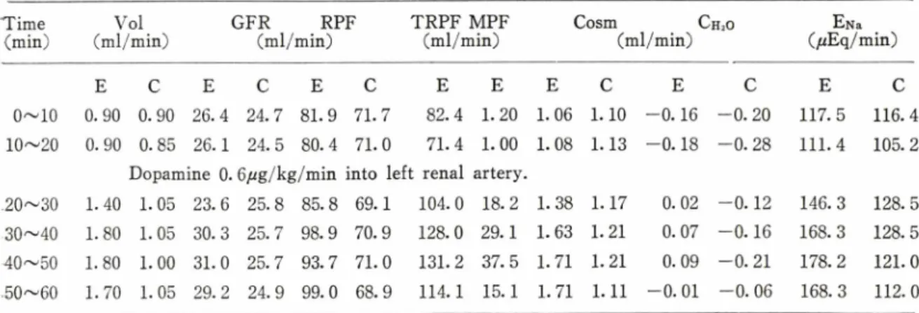 Table  I I I —Protocol  of  an  experiment  showing  the  influence  of  dopamine  infused  into  a  renal  artery  on  various  parameters  of  renal  functon  of  dog.
