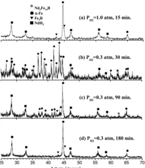 Fig. 6. XRD patterns of disproportionation treated pow- pow-ders.