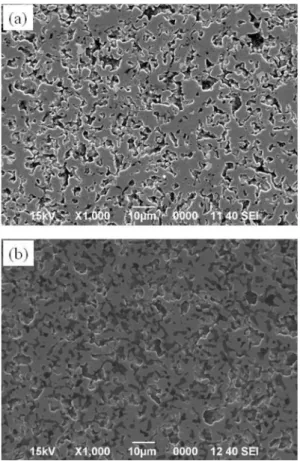 Fig. 4. SEM micrographs of (a) ZrB 2  and (b) ZrB 2 -25 vol.% SiC in-situ densified at 1900 o C for 2hrs.