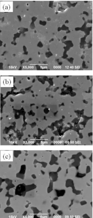 Fig. 7. SEM micrographs of ZrB 2 -20 vol.% SiC with (a) no additive, (b) extra 5 vol.% of C, and (c) extra 5 vol.% of B 4 C hot-pressed at 1900 o C for 2hrs under 30 MPa.