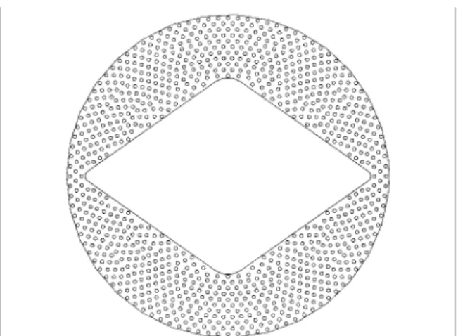Fig.  2  Geometry  of  a  perforated  plate서 선박 및 발전소 등에 널리 사용되지만, 밸브 개폐시 좁은 개도(opening angle)에 의한 밸브 전후의 유속 변화 및 압력 강하(pressure drop)가 크게 나타남에 따라 밸브 주변 및 후류 쪽에 공동현상이 발생할 수 있다.(4)본 연구에서는 직경이  mm인 버터플라이밸브에 대하여, 상대적으로 좁은 개도에서의 밸브 주변 및 후류에 발생할 수 있는 공동현상