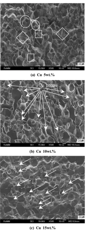 Fig. 8. Fractographs of the SPS amorphous Fe-ductile Cu composite samples. (-43  μ m, 10 o C/min, 530 o C, Holding 5 min, 500 MPa, in vacuum)