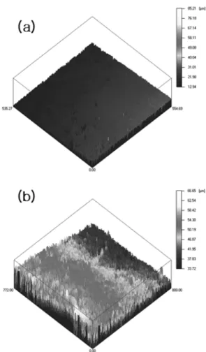 Fig. 7. 3-dimensional image of the sintered part of the PIMed Fe-8 wt.%Ni. (a) nanopowder and (b) conventional powder by AFM