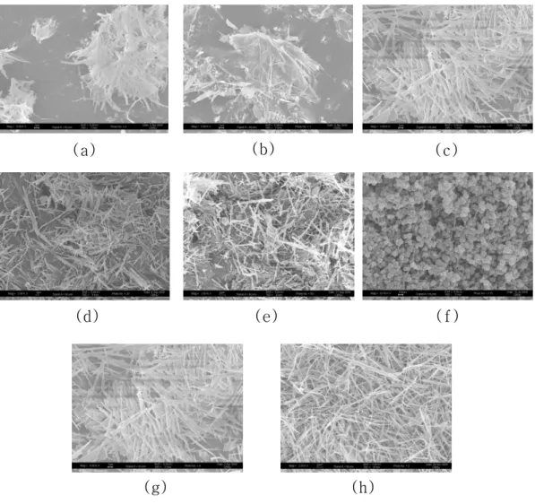 Fig.  3.  SEM  image  of  magnesium  hydroxide  groups.  (a)  5  h  (b)  24  h  (c)  48  h  (d)                                        additive  H 2 SO 4   (e)  additive  NH 4 OH  (f)  additive  NaOH  (g)  101  ℃ (h)  95  ℃