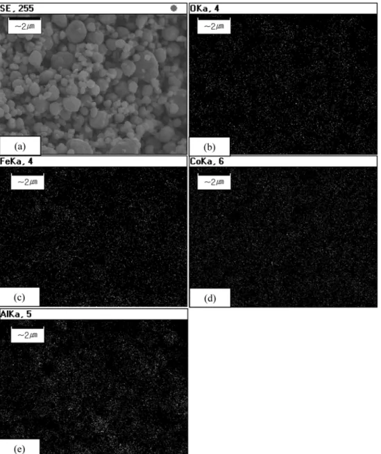 Fig. 5. SEM image and X-ray mapping of mechanically milled powder: (a) SEM image, (b) oxygen mapping, (c) iron map- map-ping, (d) cobalt mapping and (e) aluminum mapping.